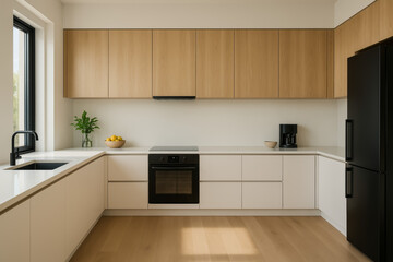 Fototapeta premium Modern kitchen interior with minimalist design and natural light