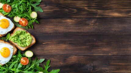 Breakfast Delight: An artful display of a delightful breakfast, featuring toasted bread adorned with fried eggs, creamy avocado, and fresh greens, arranged on a rustic wooden surface.