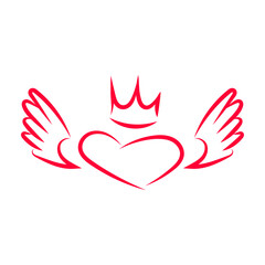 Line art illustration heart with raised wings and crown symbolizing freedom, passion and royal love. Elegant romantic icon for logos, branding, wedding.