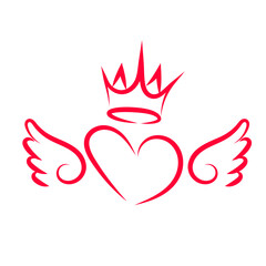 Minimal line art illustration heart with angel wings and crown. Elegant romantic love symbol perfect for logos, branding, wedding, Valentine Day projects, greeting cards.