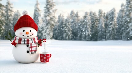 Obraz premium Cozy Snowman in Winter Wonderland: An adorable snowman, adorned with a festive red hat and scarf, stands in a snowy landscape, offering a warm cup, creating a cozy and inviting scene.