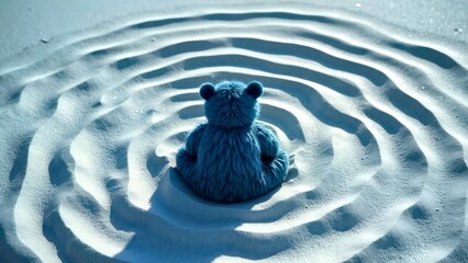 Blue striped teddy bears lie still in the sand patterned courtyard