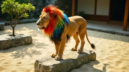 In the Zen sand court, a colorful mane lion stands on the sand and lies still