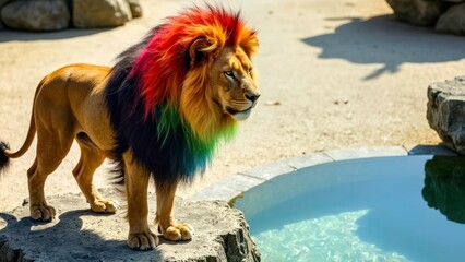 Amidst the withered mountains and rivers, colorful manes and lions silhouette on the side, standing on a stone