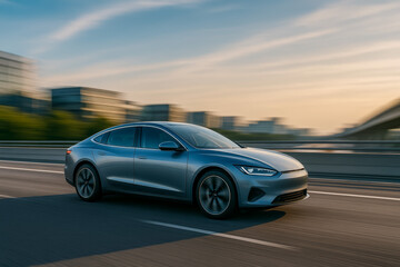 Sleek electric car speeding on highway during sunset backdrop