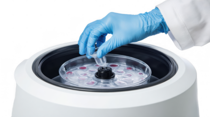 Close up of gloved hand placing a test tube with blue liquid into a laboratory centrifuge, ready for sample preparation and analysis, against a transparent background
