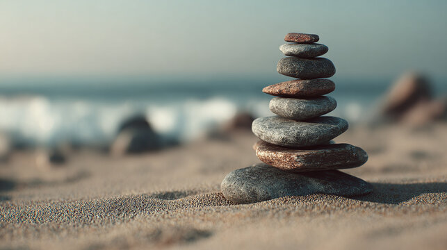 A meticulously balanced stack of stones on a sandy beach, embodying tranquility against the backdrop of the ocean. The pebbles' varied sizes and hues contribute to a sense of harmony. 