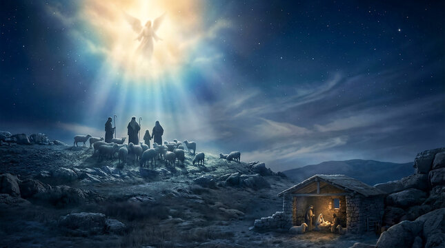 Angel appearing to shepherds above the Nativity of Jesus, biblical Christmas night scene with divine light