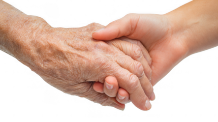 Young nurse holding elderly patient's wrinkled hand, providing comfort, care, and support in a medical setting with transparent background, symbolizing empathy and human connection
