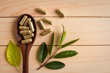 Herbal supplements in wooden spoon with green leaves on wood background