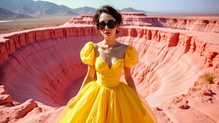 The silhouette of a figure in a yellow dress stands tall in the red striped valley