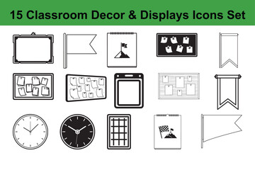 Set of 15 classroom decor and displays icons including whiteboards flags notepads and various bulletin boards clocks