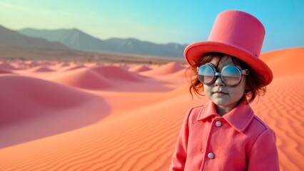 Pink clad characters wearing hats stand still in the red and yellow sand dunes