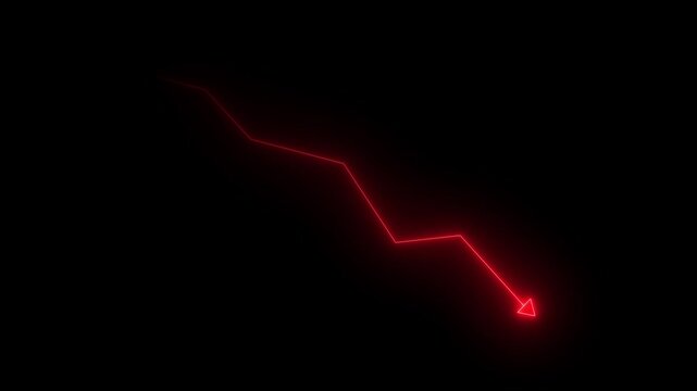 Glowing red neon downward graph with arrow indicating decline, loss, and negative trends on a dark, abstract background, perfect for conveying risk, crisis animation. 4k