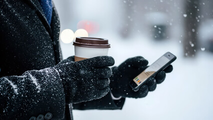An image of an office worker going to work on a snowy day, holding coffee in one hand and a smartphone in the other.