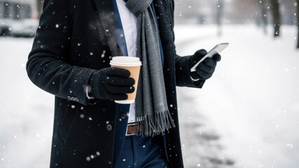 An image of an office worker going to work on a snowy day, holding coffee in one hand and a smartphone in the other.
