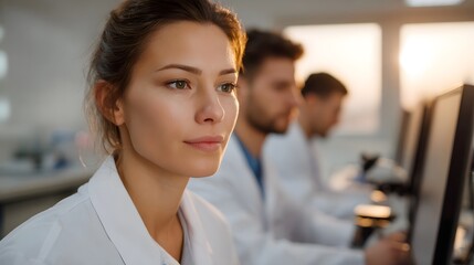 Female scientist in a lab coat intently focused on a computer monitor with colleagues in the background during early morning light