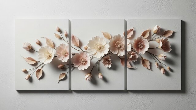 Beautiful triptych art featuring soft floral arrangement
