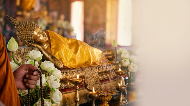 Parinirvana Day celebration with reclining Buddha statue, lotus flowers, incense smoke and monk praying in temple.