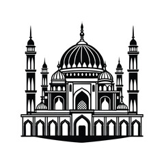 Beautiful Mosque Silhouette with Detailed Minarets Vector. Majestic Mosque Silhouette with Intricate Details Vector on White Background