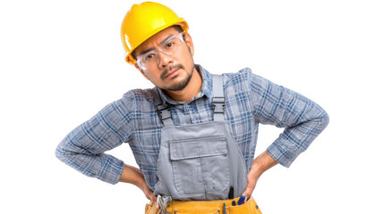 Construction worker wearing gray overall and yellow hardhat holding his aching back with both hands, suffering back pain on transparent background