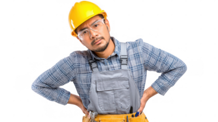 Construction worker wearing gray overall and yellow hardhat holding his aching back with both hands, suffering back pain on transparent background