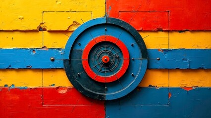 Red, yellow, and blue circular mechanical structure collage drawing