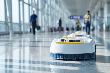 Close-up sweeper scrubber machine cleaning. Concept clean airport from debris. Industry machine with AI and camera. Automatic electric robot cleaner mopping of floor in commercial shop mall. Banner