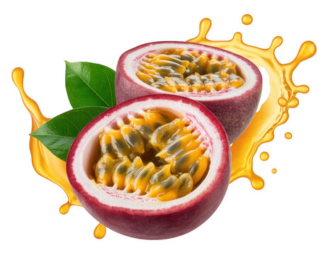 Passion fruit halves with juice splash tropical isolated on a transparent background