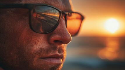 A man wearing sunglasses, with a radiant sunset reflecting in the lenses