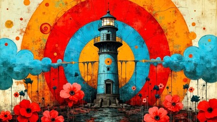 Red and Blue Round Lighthouse Art Decoration Illustration