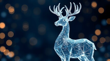 Glowing Crystal Reindeer Figurine With Golden Bokeh Lights On Dark Blue Background