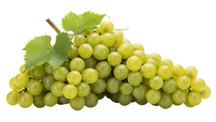 A cluster of green grapes with leaves on a black background