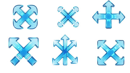 Obraz premium Abstract, multi directional growth symbols with an intersecting, complex design and a futuristic blue and cyan glow, a 3D glassmorphism arrow icon set isolated on white