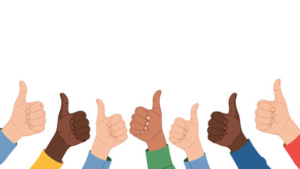 Obraz premium Diverse group of hands giving thumbs up gestures, symbolizing positivity, agreement, support, and successful teamwork.