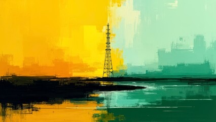 Outdoor Art Decoration Illustration of Orange Yellow Switching Tower