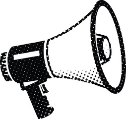 Bold Black-and-White Megaphone Illustration Symbolizing Power, Public Announcement, Marketing, and Mass Communication