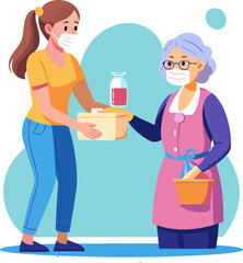 Elderly Caregiving Concept. Young Female Character Bringing Medicine to Old Woman. 