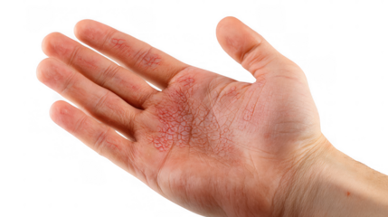 Open hand demonstrating symptoms of dyshidrosis, a type of eczema that causes small, itchy blisters on the palms and fingers, on a transparent background