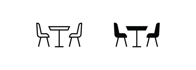Table with chair icon. table for festive holiday romantic dinner, Street cafe, Dining line flat icons set, editable stroke isolated white, linear vector outline illustration, symbol logo design style