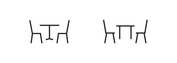Table with chair icon. table for festive holiday romantic dinner, Street cafe, Dining line flat icons set, editable stroke isolated white, linear vector outline illustration, symbol logo design style
