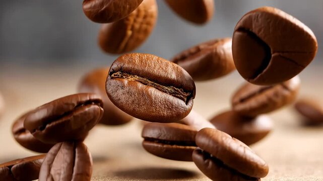 Slow motion coffee beans falling gracefully on rustic surface capturing rich texture and dynamics