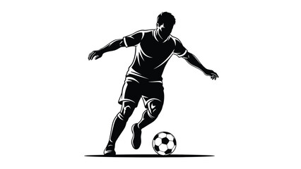Naklejka premium Dynamic black and white silhouette of a soccer player dribbling a football skillfully