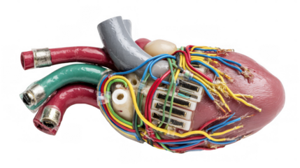 Colorful capacitors, resistors, and transistors are interconnected within a transparent heart shaped casing, symbolizing the fusion of biology and technology in an electrical heartbeat simulation