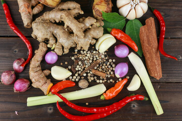 Top view fresh a variety of fresh spices: chili, pepper, garlic, shallot, lemongrass, turmeric
