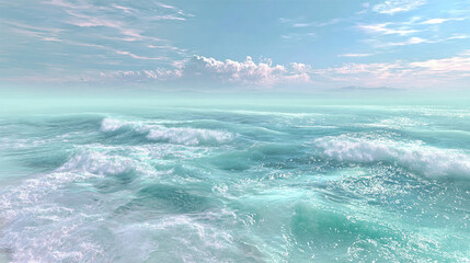 The vast, turquoise ocean under a serene, cloudy sky