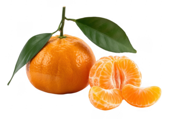 Whole and peeled orange with green leaves on stem fruit isolated on a transparent background