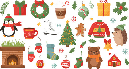 Comprehensive vector set of festive Christmas and winter holiday elements featuring a decorated tree, fireplace, gifts, gingerbread man, and cute animals in cozy winter attire.