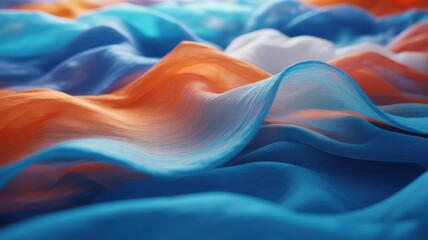 Obraz premium Close up view of flowing fabric with vibrant blue and orange colors in soft waves