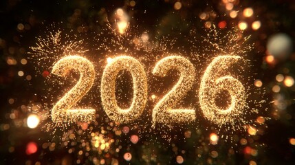 Golden 2026 New Year Fireworks on Dark Bokeh Background Festive Sparkles.